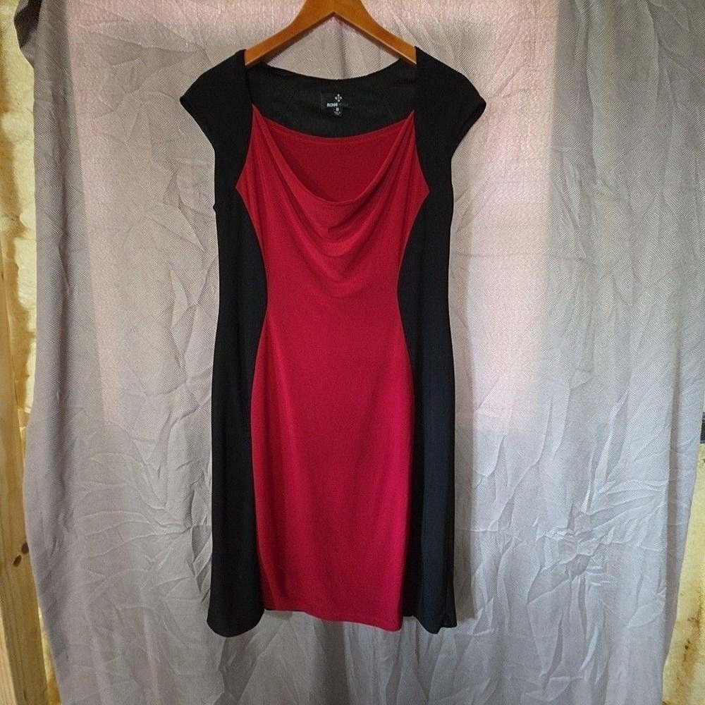Ronni Nicole Dress Womens 10 Black Colorblock Cap Sleeve Cowl Neck Sheath Knee